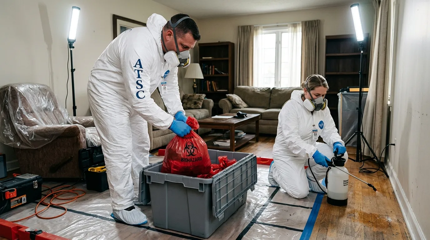 Professional Biohazard Cleanup technician in full PPE working in Fair Oaks